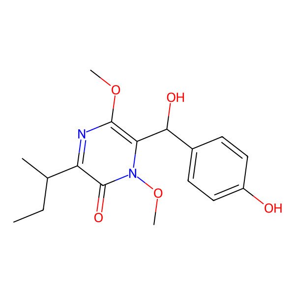 2D Structure of 3-Butan-2-yl-6-[hydroxy-(4-hydroxyphenyl)methyl]-1,5-dimethoxypyrazin-2-one