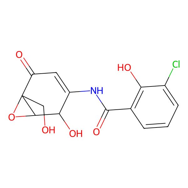 2D Structure of 3-chloro-2-hydroxy-N-[2-hydroxy-6-(hydroxymethyl)-5-oxo-7-oxabicyclo[4.1.0]hept-3-en-3-yl]benzamide