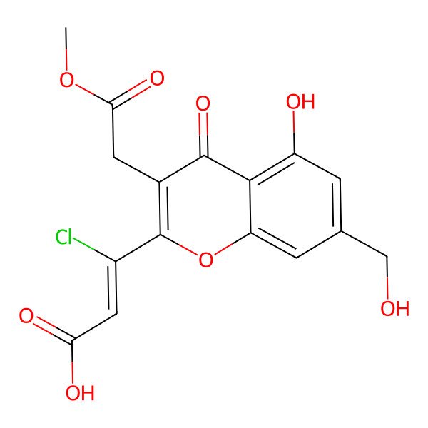 2D Structure of 3-Chloro-3-[5-hydroxy-7-(hydroxymethyl)-3-(2-methoxy-2-oxoethyl)-4-oxochromen-2-yl]prop-2-enoic acid