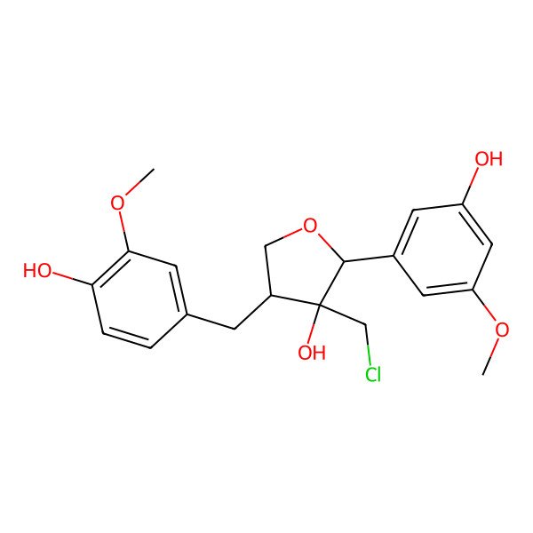 2D Structure of 3-(Chloromethyl)-2-(3-hydroxy-5-methoxyphenyl)-4-[(4-hydroxy-3-methoxyphenyl)methyl]oxolan-3-ol