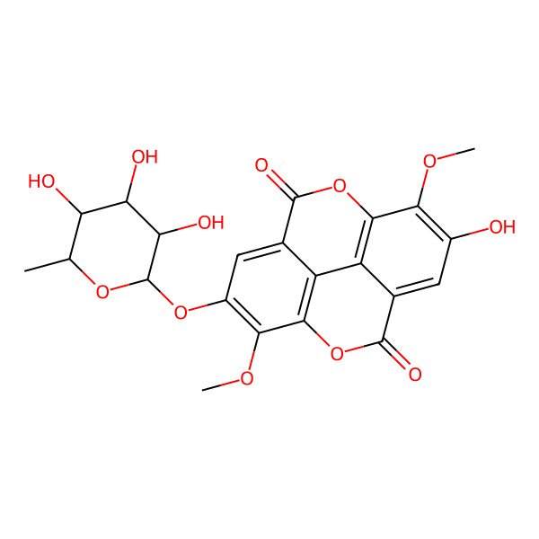 2D Structure of 6-hydroxy-7,14-dimethoxy-13-[(2R,3S,4S,5S,6R)-3,4,5-trihydroxy-6-methyloxan-2-yl]oxy-2,9-dioxatetracyclo[6.6.2.04,16.011,15]hexadeca-1(15),4,6,8(16),11,13-hexaene-3,10-dione