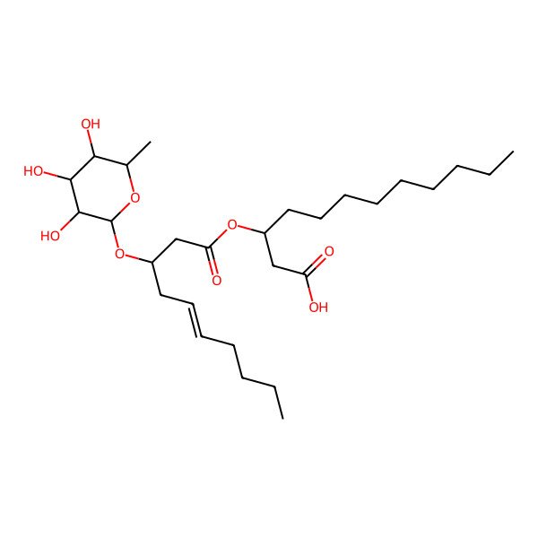 2D Structure of 3-[(E)-3-[(2R,3R,4R,5R,6S)-3,4,5-trihydroxy-6-methyloxan-2-yl]oxydec-5-enoyl]oxydodecanoic acid