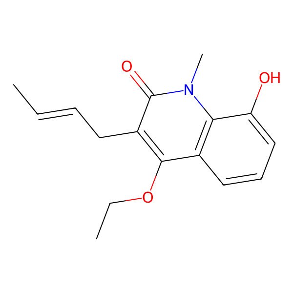 2D Structure of 3-[(E)-but-2-enyl]-4-ethoxy-8-hydroxy-1-methylquinolin-2-one