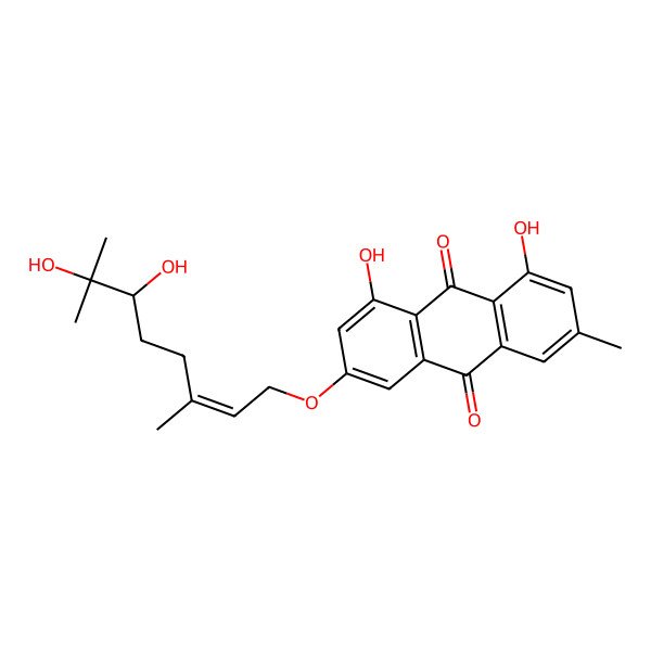 2D Structure of 3-[(E,6S)-6,7-dihydroxy-3,7-dimethyloct-2-enoxy]-1,8-dihydroxy-6-methylanthracene-9,10-dione