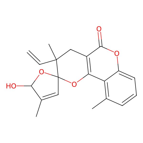 2D Structure of 3'-ethenyl-2-hydroxy-3,3',10'-trimethylspiro[2H-furan-5,2'-4H-pyrano[3,2-c]chromene]-5'-one