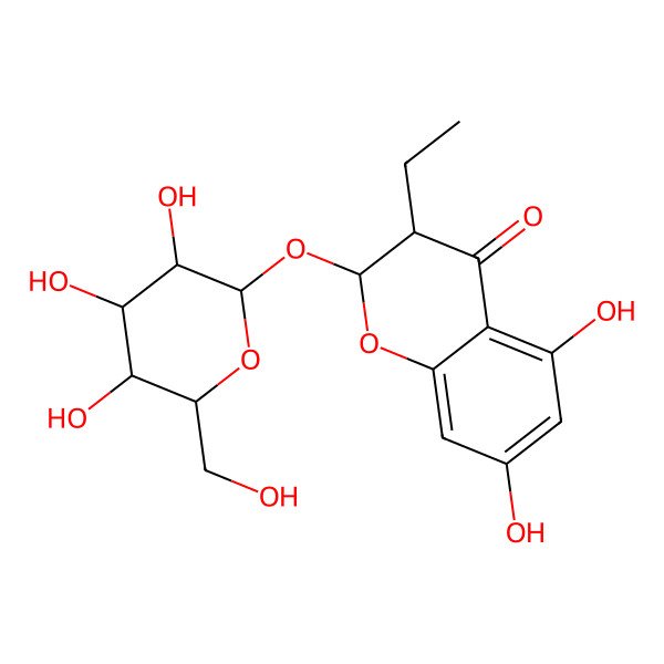 2D Structure of 3-Ethyl-5,7-dihydroxy-2-[3,4,5-trihydroxy-6-(hydroxymethyl)oxan-2-yl]oxy-2,3-dihydrochromen-4-one