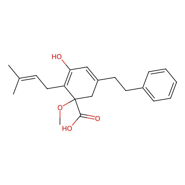 2D Structure of 3-Hydroxy-1-methoxy-2-(3-methylbut-2-enyl)-5-(2-phenylethyl)cyclohexa-2,4-diene-1-carboxylic acid