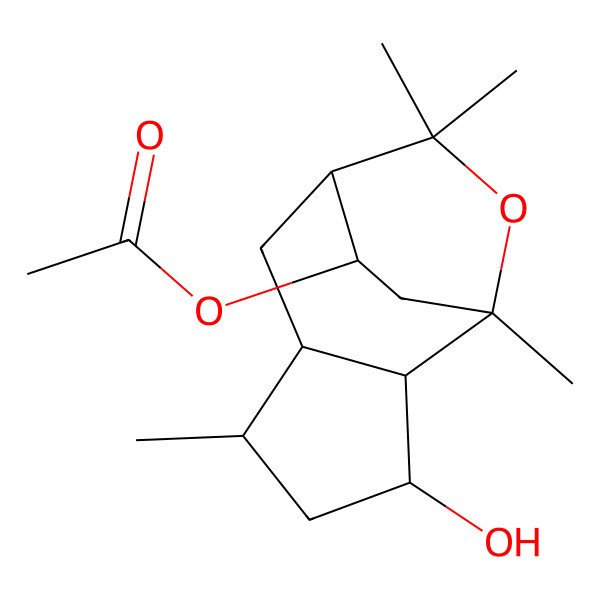 2D Structure of (3-Hydroxy-1,5,9,9-tetramethyl-10-oxatricyclo[6.2.2.02,6]dodecan-12-yl) acetate