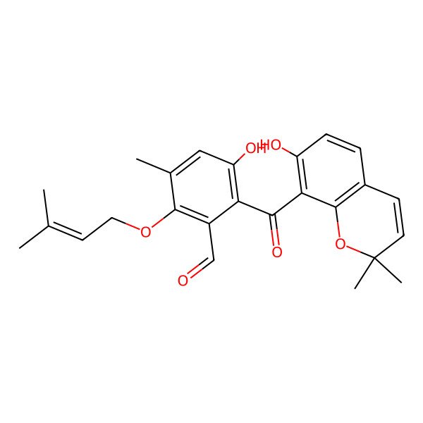 2D Structure of 3-Hydroxy-2-(7-hydroxy-2,2-dimethylchromene-8-carbonyl)-5-methyl-6-(3-methylbut-2-enoxy)benzaldehyde