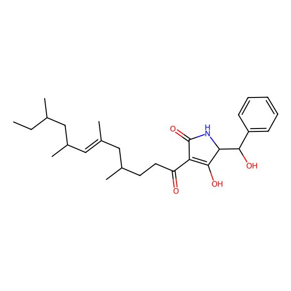 2D Structure of 3-Hydroxy-2-[hydroxy(phenyl)methyl]-4-(4,6,8,10-tetramethyldodec-6-enoyl)-1,2-dihydropyrrol-5-one