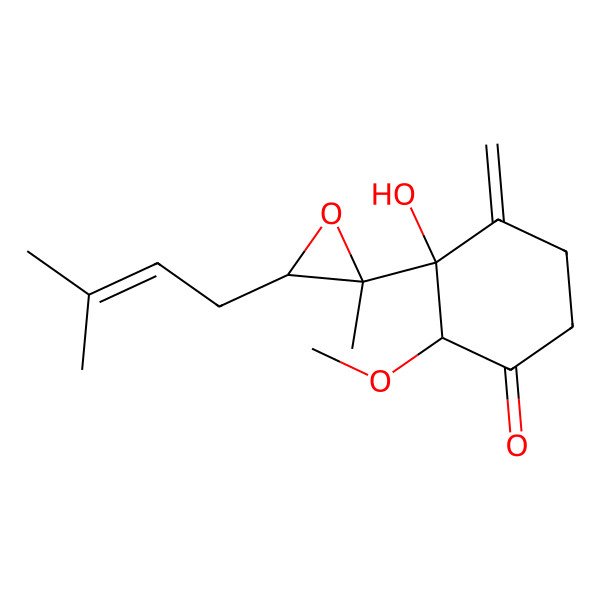 2D Structure of 3-Hydroxy-2-methoxy-4-methylidene-3-[2-methyl-3-(3-methylbut-2-enyl)oxiran-2-yl]cyclohexan-1-one