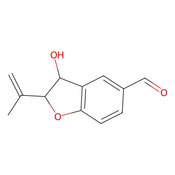 2D Structure of 3-Hydroxy-2-prop-1-en-2-yl-2,3-dihydro-1-benzofuran-5-carbaldehyde