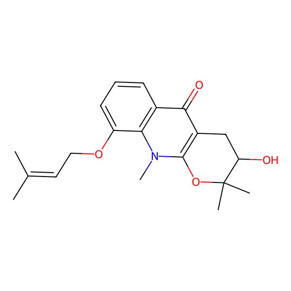 2D Structure of 3-Hydroxy-2,2,10-trimethyl-9-(3-methylbut-2-enoxy)-3,4-dihydropyrano[2,3-b]quinolin-5-one