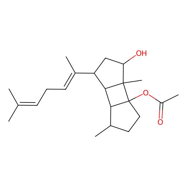 2D Structure of [3-Hydroxy-2,8-dimethyl-5-(6-methylhepta-2,5-dien-2-yl)-1-tricyclo[5.3.0.02,6]decanyl] acetate