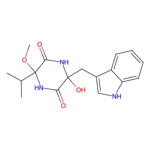 2D Structure of 3-hydroxy-3-(1H-indol-3-ylmethyl)-6-methoxy-6-propan-2-ylpiperazine-2,5-dione