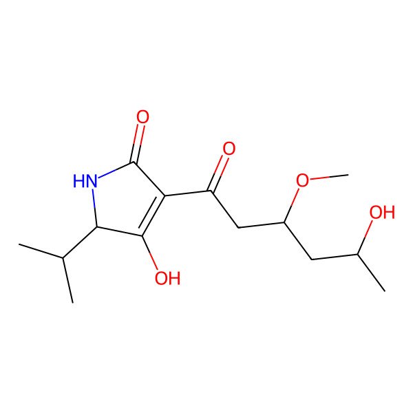 2D Structure of 3-Hydroxy-4-(5-hydroxy-3-methoxyhexanoyl)-2-propan-2-yl-1,2-dihydropyrrol-5-one