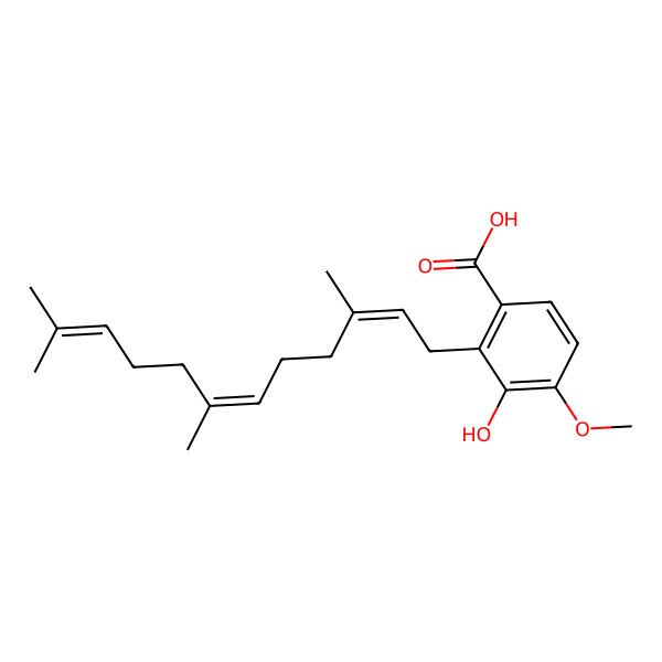2D Structure of 3-hydroxy-4-methoxy-2-[(2E,6E)-3,7,11-trimethyldodeca-2,6,10-trienyl]benzoic acid