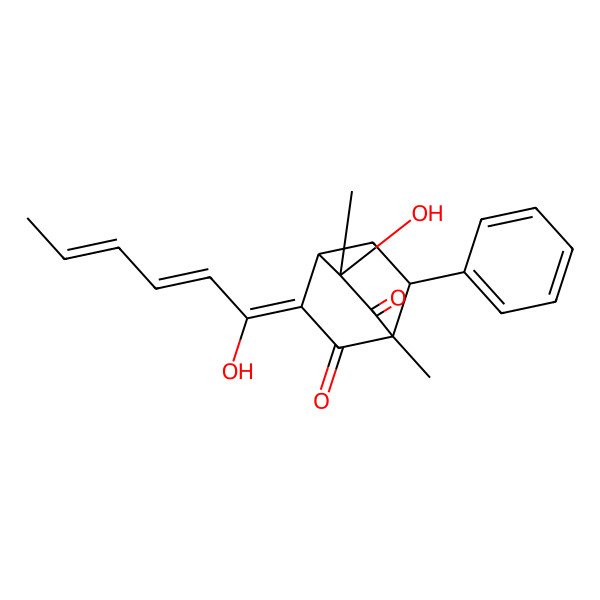 2D Structure of 3-Hydroxy-5-(1-hydroxyhexa-2,4-dienylidene)-1,3-dimethyl-7-phenylbicyclo[2.2.2]octane-2,6-dione