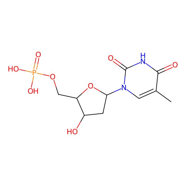 2D Structure of (3-Hydroxy-5-(5-methyl-2,4-dioxopyrimidin-1-yl)oxolan-2-yl)methyl dihydrogen phosphate