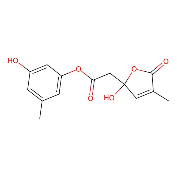2D Structure of (3-hydroxy-5-methylphenyl) 2-[(2S)-2-hydroxy-4-methyl-5-oxofuran-2-yl]acetate