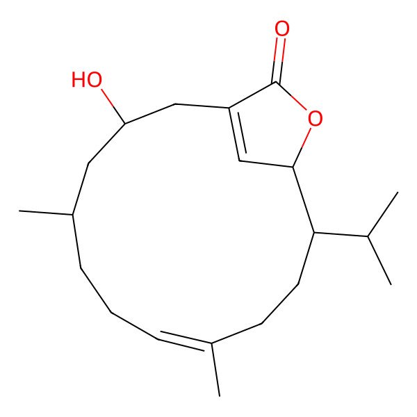 2D Structure of 3-Hydroxy-5,9-dimethyl-12-propan-2-yl-14-oxabicyclo[11.2.1]hexadeca-1(16),8-dien-15-one