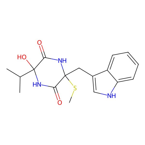 2D Structure of 3-hydroxy-6-(1H-indol-3-ylmethyl)-6-methylsulfanyl-3-propan-2-ylpiperazine-2,5-dione
