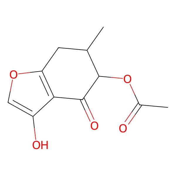 2D Structure of (3-hydroxy-6-methyl-4-oxo-6,7-dihydro-5H-1-benzofuran-5-yl) acetate