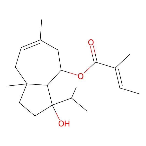 2D Structure of (3-Hydroxy-6,8a-dimethyl-3-propan-2-yl-1,2,3a,4,5,8-hexahydroazulen-4-yl) 2-methylbut-2-enoate 2D Structure of (3-Hydroxy-6,8a-dimethyl-3-propan-2-yl-1,2,3a,4,5,8-hexahydroazulen-4-yl) 2-methylbut-2-enoate