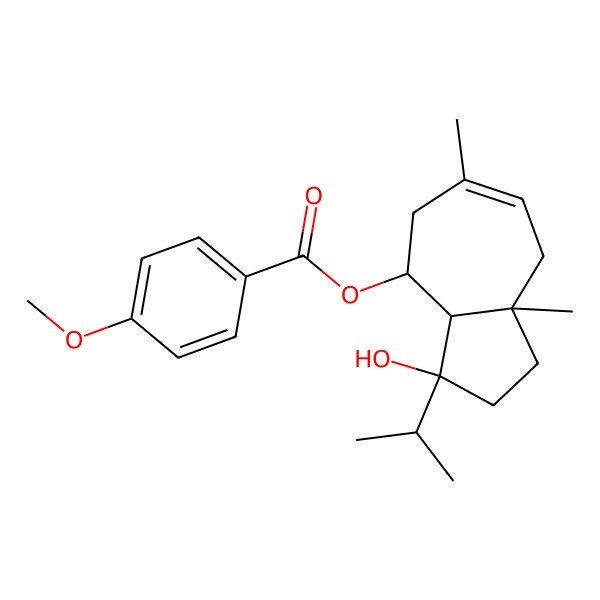 2D Structure of (3-Hydroxy-6,8a-dimethyl-3-propan-2-yl-1,2,3a,4,5,8-hexahydroazulen-4-yl) 4-methoxybenzoate 2D Structure of (3-Hydroxy-6,8a-dimethyl-3-propan-2-yl-1,2,3a,4,5,8-hexahydroazulen-4-yl) 4-methoxybenzoate