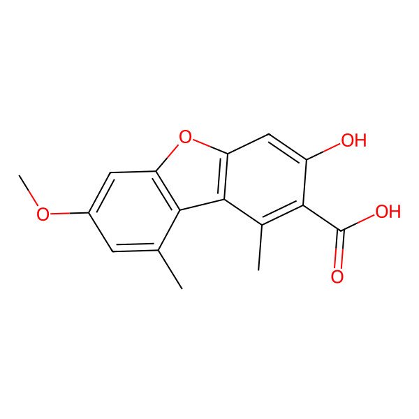 2D Structure of 3-Hydroxy-7-methoxy-1,9-dimethyldibenzofuran-2-carboxylic acid