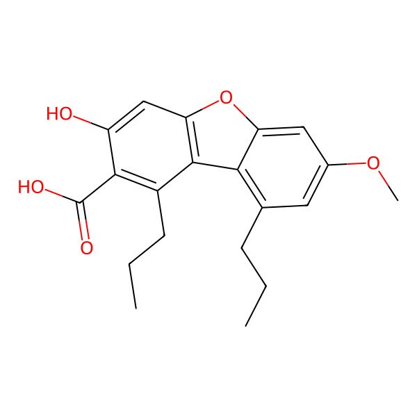 2D Structure of 3-Hydroxy-7-methoxy-1,9-dipropyldibenzo[b,d]furan-2-carboxylic acid