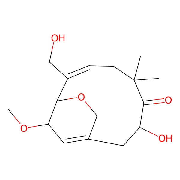 2D Structure of 3-Hydroxy-8-(hydroxymethyl)-13-methoxy-5,5-dimethyl-10-oxabicyclo[7.2.2]trideca-1(12),7-dien-4-one