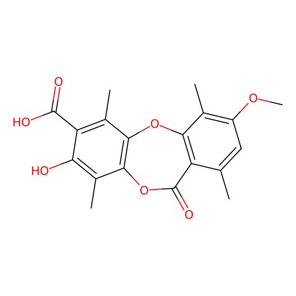 2D Structure of 3-Hydroxy-9-methoxy-1,4,7,10-tetramethyl-6-oxobenzo[b][1,4]benzodioxepine-2-carboxylic acid