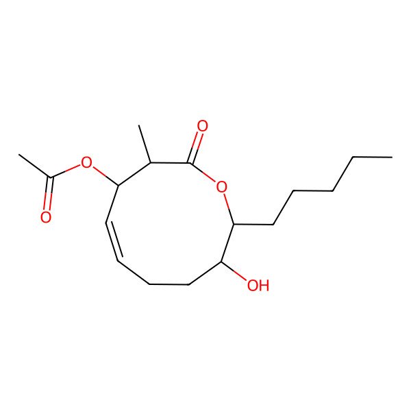 2D Structure of (3-Hydroxy-9-methyl-10-oxo-2-pentyl-2,3,4,5,8,9-hexahydrooxecin-8-yl) acetate