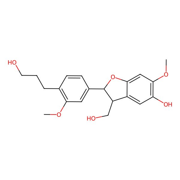 2D Structure of 3-(Hydroxymethyl)-2-[4-(3-hydroxypropyl)-3-methoxyphenyl]-6-methoxy-2,3-dihydro-1-benzofuran-5-ol