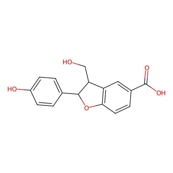 2D Structure of 3-(Hydroxymethyl)-2-(4-hydroxyphenyl)-2,3-dihydro-1-benzofuran-5-carboxylic acid