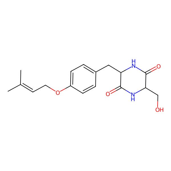 2D Structure of 3-(Hydroxymethyl)-6-[4-(3-methylbut-2-enyloxy)benzyl]piperazine-2,5-dione