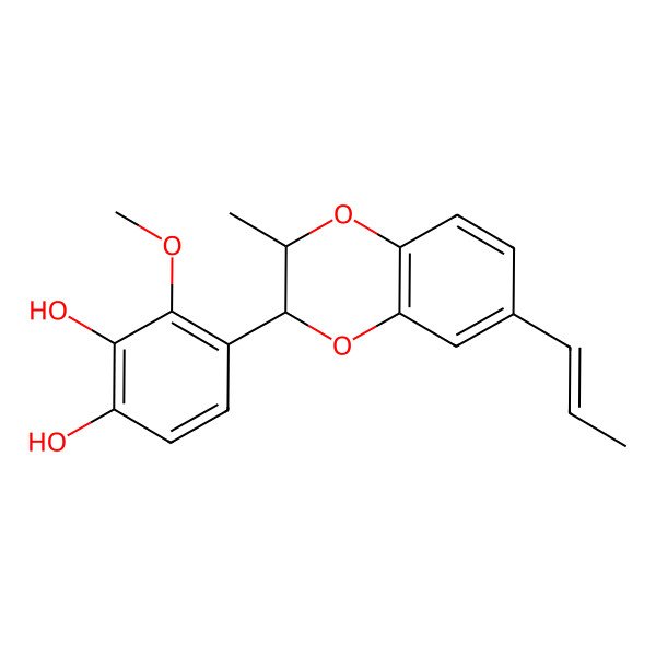 2D Structure of 3-Methoxy-4-(2-methyl-6-prop-1-enyl-2,3-dihydro-1,4-benzodioxin-3-yl)benzene-1,2-diol