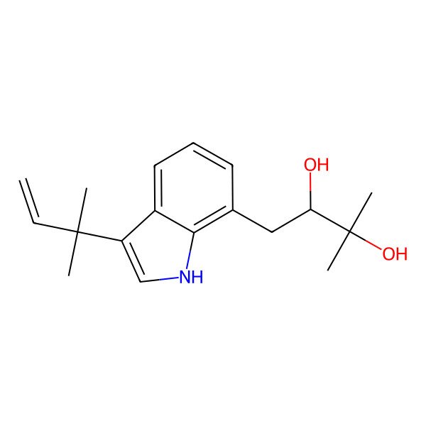 2D Structure of 3-methyl-1-[3-(2-methylbut-3-en-2-yl)-1H-indol-7-yl]butane-2,3-diol