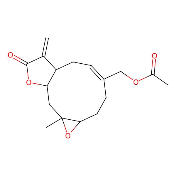 2D Structure of (3-Methyl-12-methylidene-13-oxo-4,14-dioxatricyclo[9.3.0.03,5]tetradec-8-en-8-yl)methyl acetate