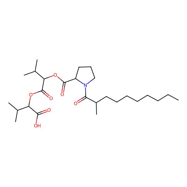 2D Structure of 3-Methyl-2-[3-methyl-2-[1-(2-methyldecanoyl)pyrrolidine-2-carbonyl]oxybutanoyl]oxybutanoic acid
