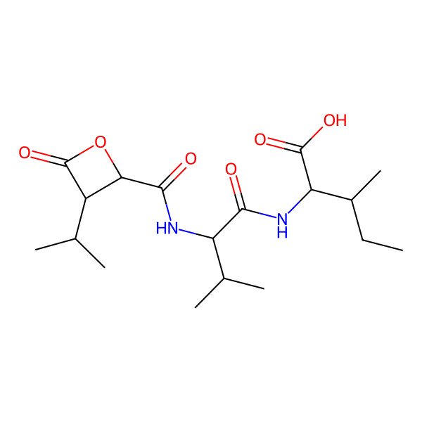 2D Structure of 3-Methyl-2-[[3-methyl-2-[(4-oxo-3-propan-2-yloxetane-2-carbonyl)amino]butanoyl]amino]pentanoic acid