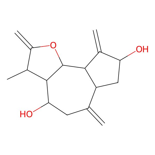 2D Structure of 3-methyl-2,6,9-trimethylidene-3a,4,5,6a,7,8,9a,9b-octahydro-3H-azuleno[4,5-b]furan-4,8-diol