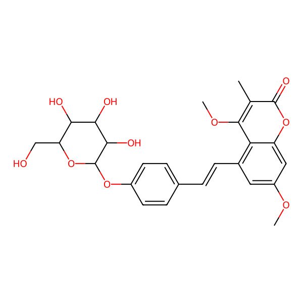 2D Structure of 4,7-dimethoxy-3-methyl-5-[(E)-2-[4-[(2S,3R,4S,5S,6R)-3,4,5-trihydroxy-6-(hydroxymethyl)oxan-2-yl]oxyphenyl]ethenyl]chromen-2-one