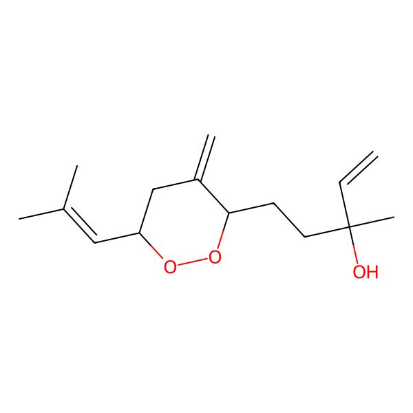 2D Structure of 3-methyl-5-[(3R,6S)-4-methylidene-6-(2-methylprop-1-enyl)dioxan-3-yl]pent-1-en-3-ol