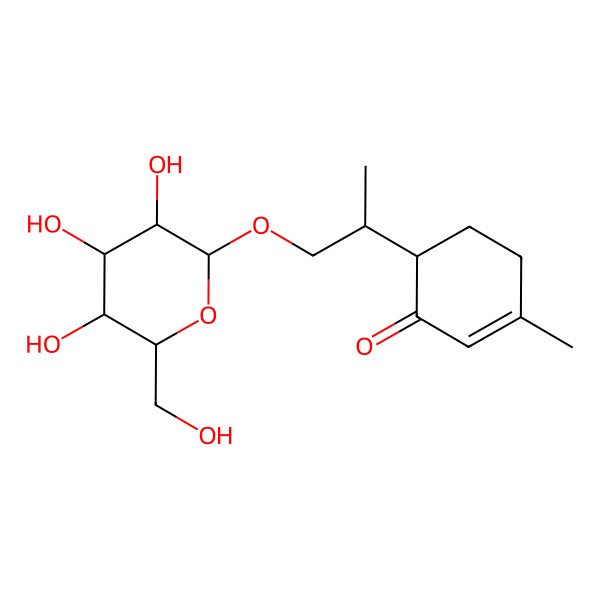 2D Structure of 3-Methyl-6-[1-[3,4,5-trihydroxy-6-(hydroxymethyl)oxan-2-yl]oxypropan-2-yl]cyclohex-2-en-1-one