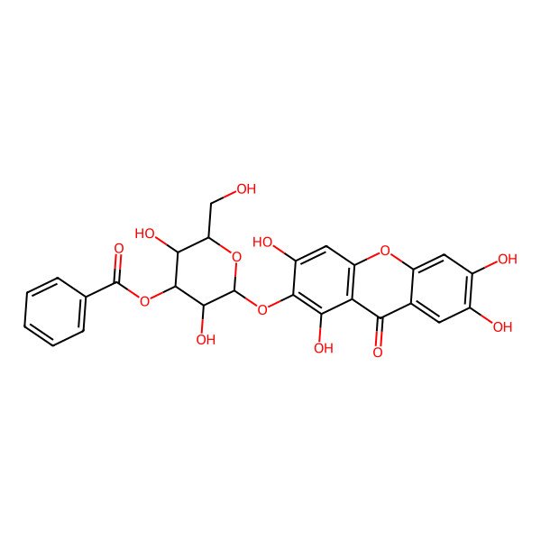 2D Structure of [(2R,3R,4S,5R,6S)-3,5-dihydroxy-2-(hydroxymethyl)-6-(1,3,6,7-tetrahydroxy-9-oxoxanthen-2-yl)oxyoxan-4-yl] benzoate
