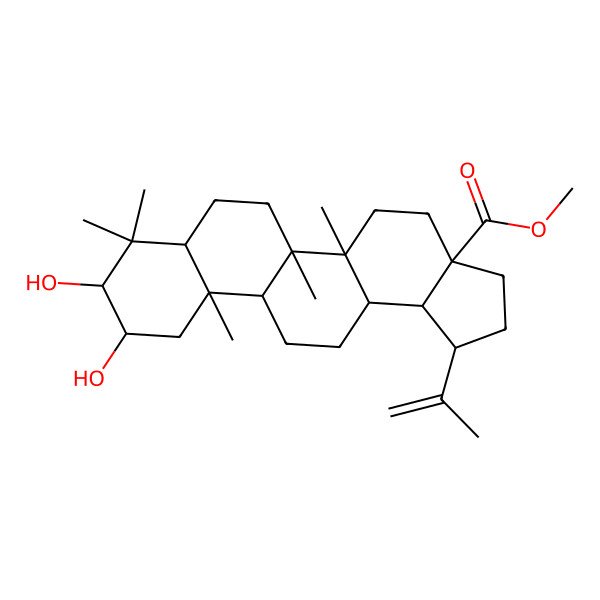 2D Structure of methyl (1R,3aS,5aR,5bR,7aR,9R,10S,11aR,11bR,13aR,13bR)-9,10-dihydroxy-5a,5b,8,8,11a-pentamethyl-1-prop-1-en-2-yl-1,2,3,4,5,6,7,7a,9,10,11,11b,12,13,13a,13b-hexadecahydrocyclopenta[a]chrysene-3a-carboxylate