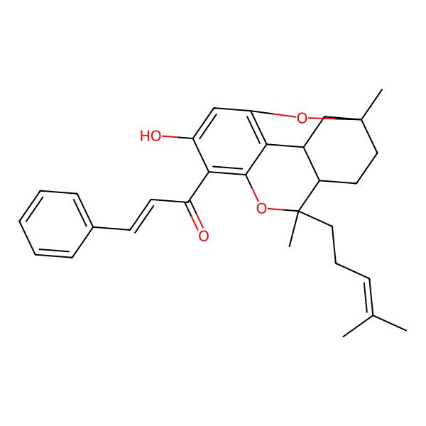 2D Structure of (E)-1-[(1R,4S,5R,13R)-9-hydroxy-1,5-dimethyl-5-(4-methylpent-3-enyl)-6,15-dioxatetracyclo[9.3.1.04,13.07,12]pentadeca-7,9,11-trien-8-yl]-3-phenylprop-2-en-1-one