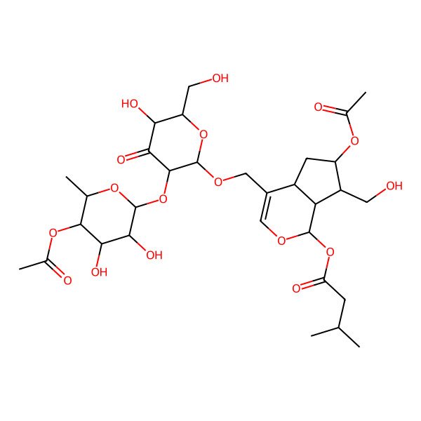 2D Structure of [(1S,4aS,6S,7S,7aS)-6-acetyloxy-4-[[(2R,3S,5R,6R)-3-[(2S,3R,4S,5R,6S)-5-acetyloxy-3,4-dihydroxy-6-methyloxan-2-yl]oxy-5-hydroxy-6-(hydroxymethyl)-4-oxooxan-2-yl]oxymethyl]-7-(hydroxymethyl)-1,4a,5,6,7,7a-hexahydrocyclopenta[c]pyran-1-yl] 3-methylbutanoate